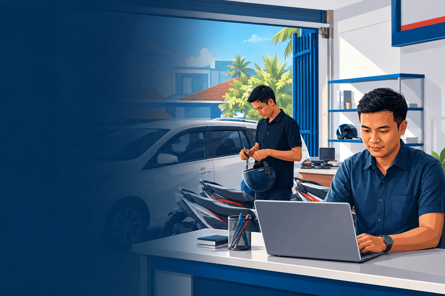 Ilustrasi pemilik rental Indonesia memeriksa operasional bersama staf di kantor rental kendaraan